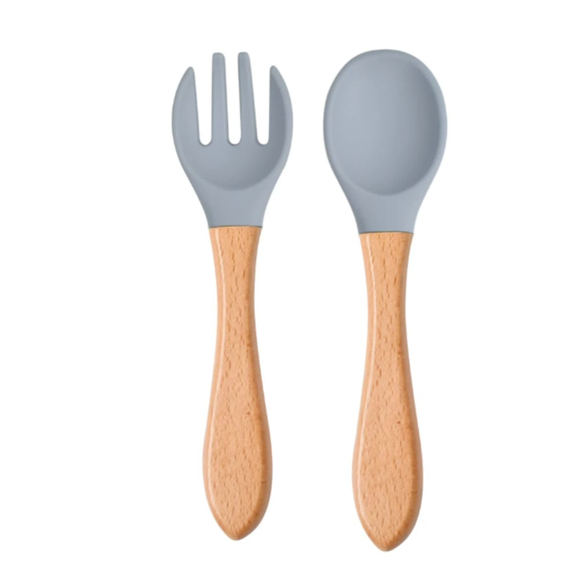 OEM - SET DE CUCHARA Y TENEDOR SILICONA PARA BEBE GRIS