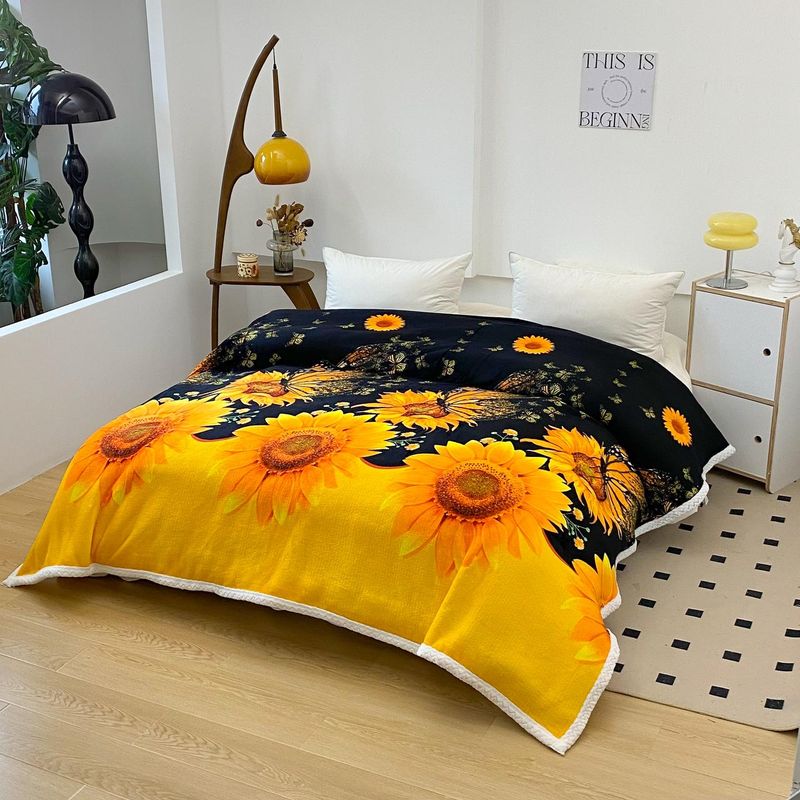 GENERICO - FRAZADA O MANTA PLUSH CON CHIPORRO 2 PLAZAS CON DISEÑO GIRASOLES MP