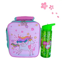 GENERICO - Pack lonchera térmica escolar + botella unicornio kawaii