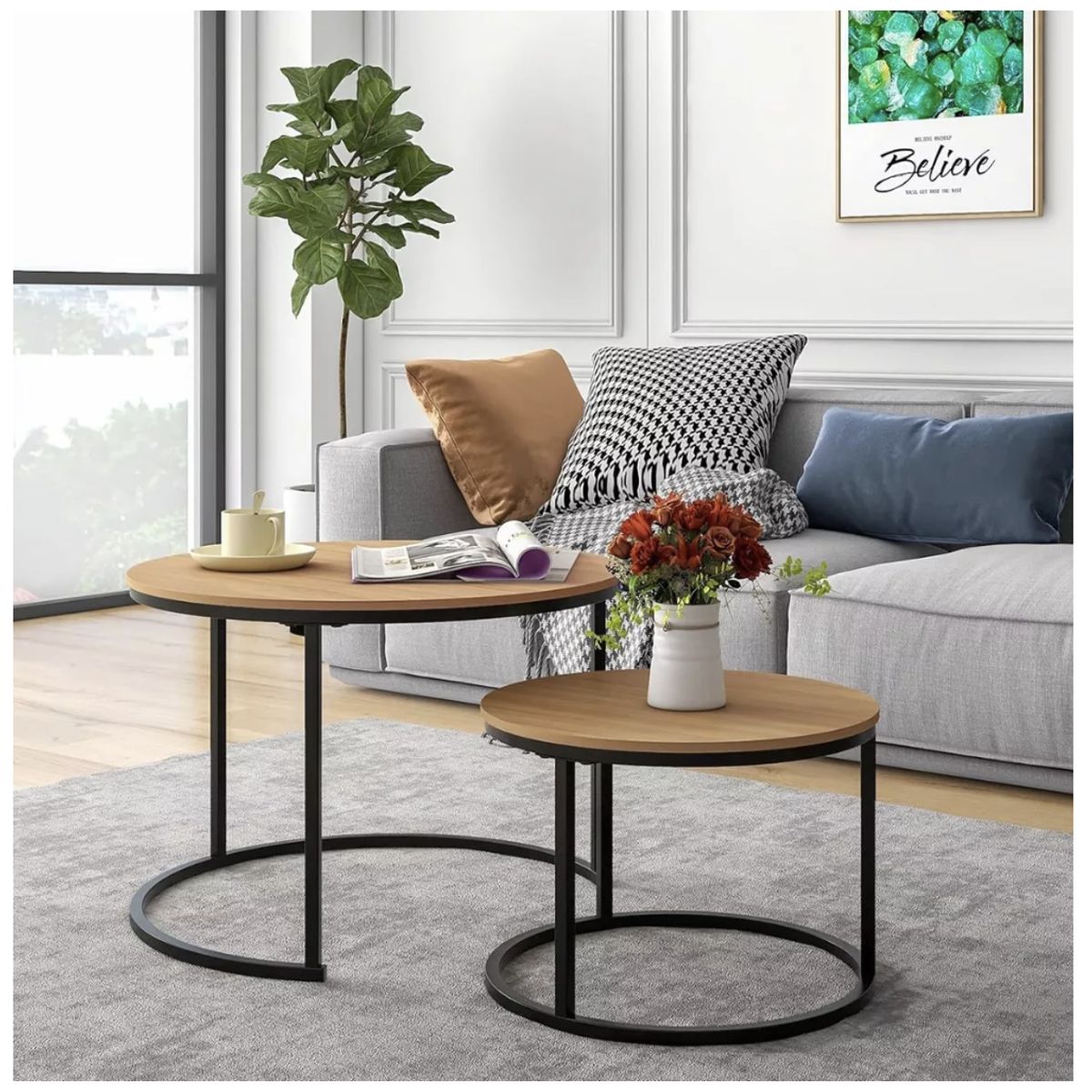 HOMER DESIGN - Juego Mesa De Centro Lateral Living Redonda Doble Madera