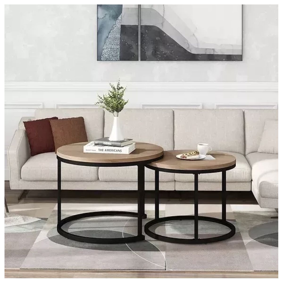 HOMER DESIGN - Juego Mesa De Centro Lateral Living Redonda Doble Madera