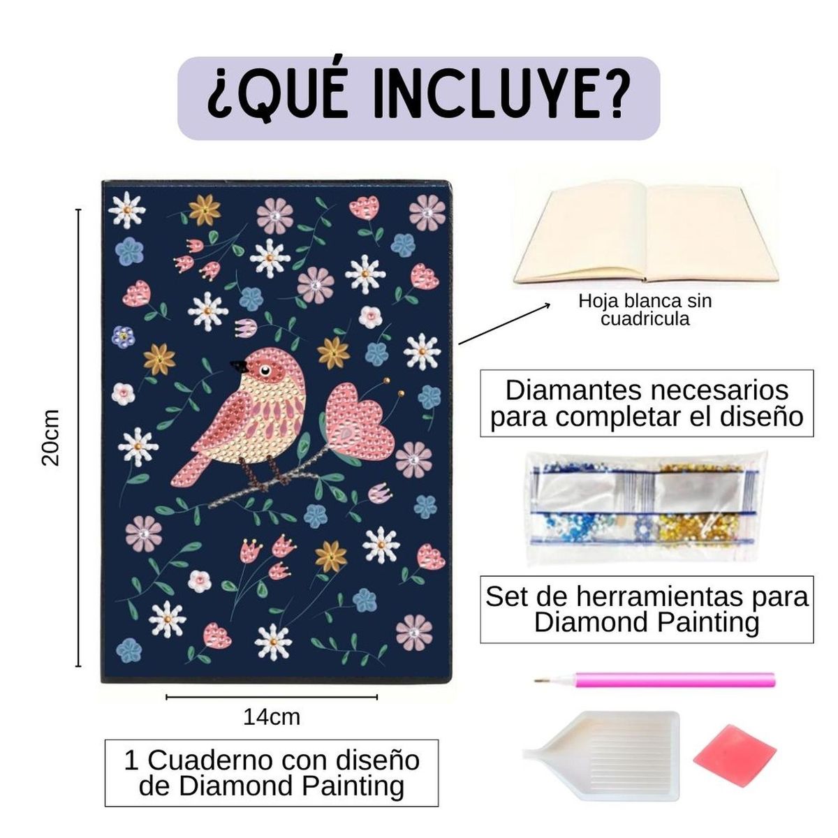 GENERICO - Cuaderno Diamond Painting - Pájaro Rosa