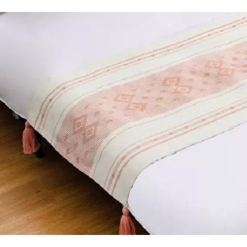 GENERICO - Piecera pie de cama tejida algodón étnico con borlas king color palo rosa