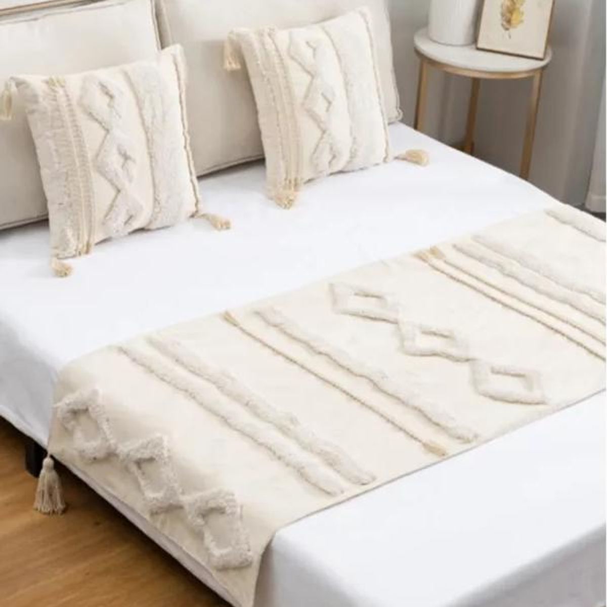GENERICO - Piecera de cama boho 2p y king + fundas decoración color crema