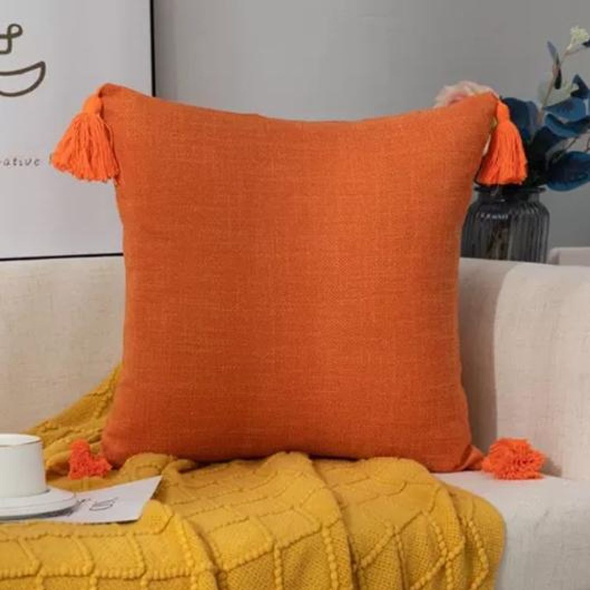 GENERICO - Pack de 2 Fundas para Cojín de Lino con Pompones 45x45 cm Naranja