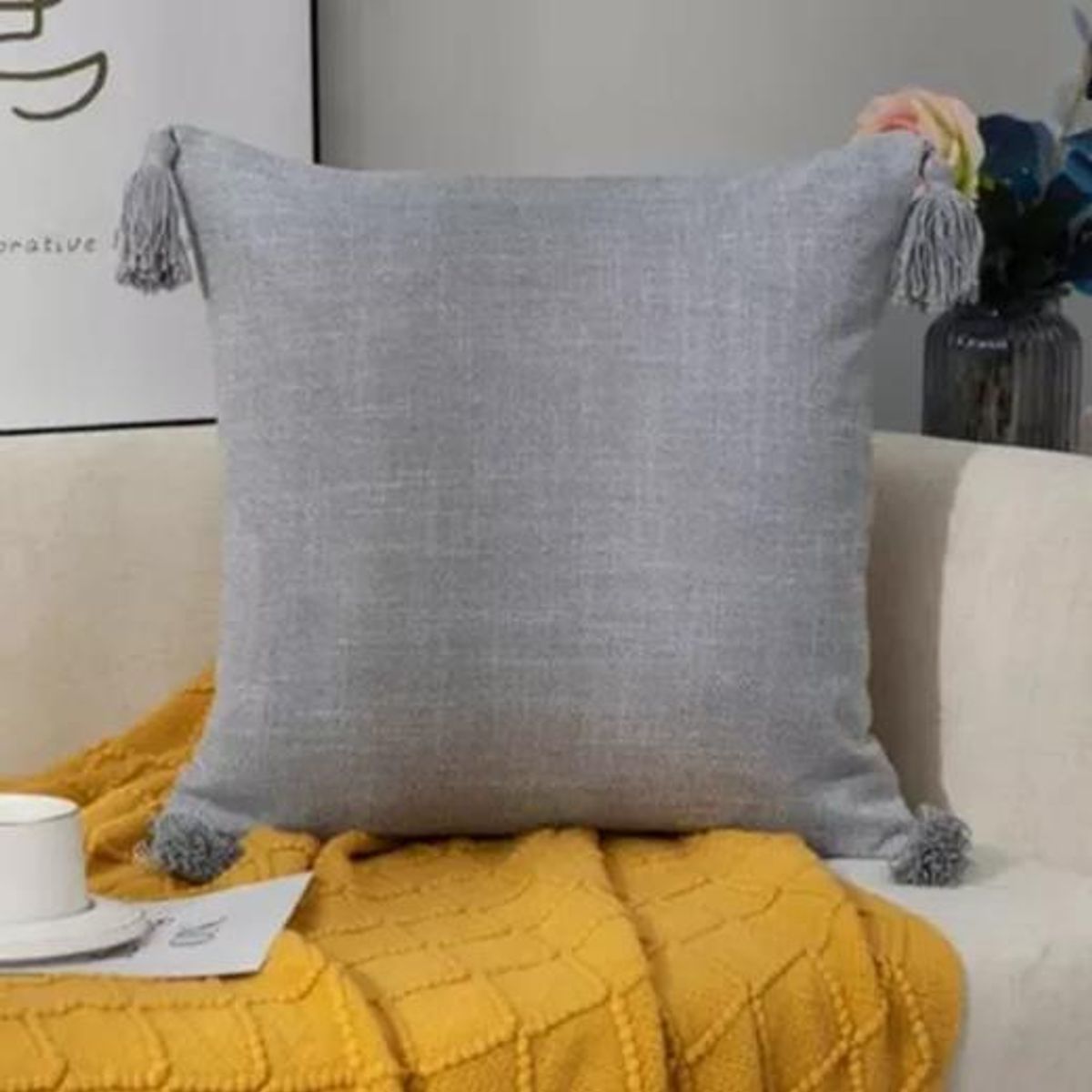 GENERICO - Pack de 2 Fundas para Cojín de Lino con Pompones 45x45 cm Gris Claro