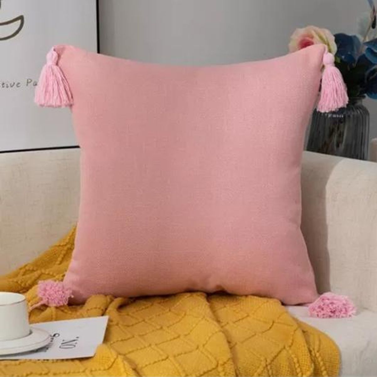 GENERICO - Pack de 2 Fundas para Cojín de Lino con Pompones 45x45 cm Rosa