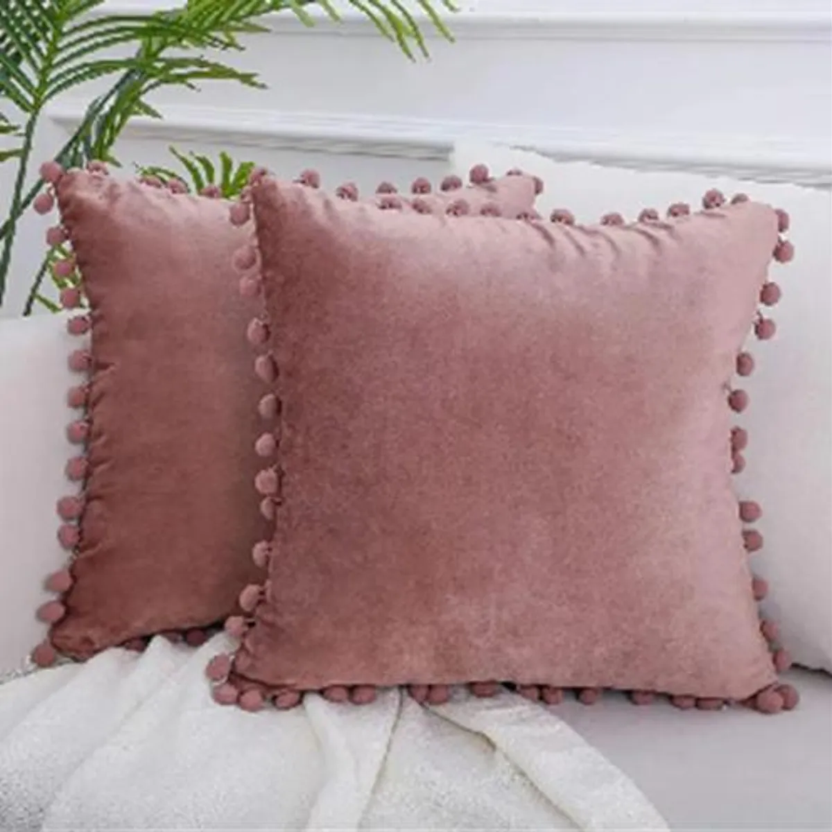 GENERICO - Pack de 2 Fundas de Cojines Terciopelo con Pompones 45x45 cm Rosada