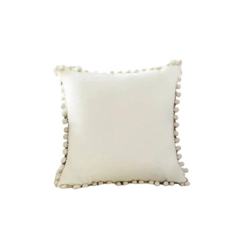 GENERICO - Pack de 2 Fundas de Cojines Terciopelo con Pompones 45x45 cm Crema