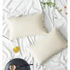 GENERICO - Pack de 2 Fundas de Cojín Terciopelo con Pompones 30x50 cm Blanco