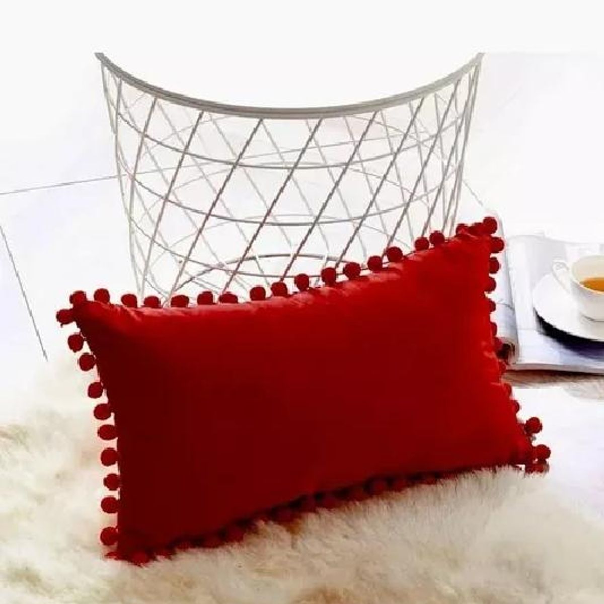 GENERICO - Pack de 2 Fundas de Cojín Terciopelo con Pompones 30x50 cm Rojo