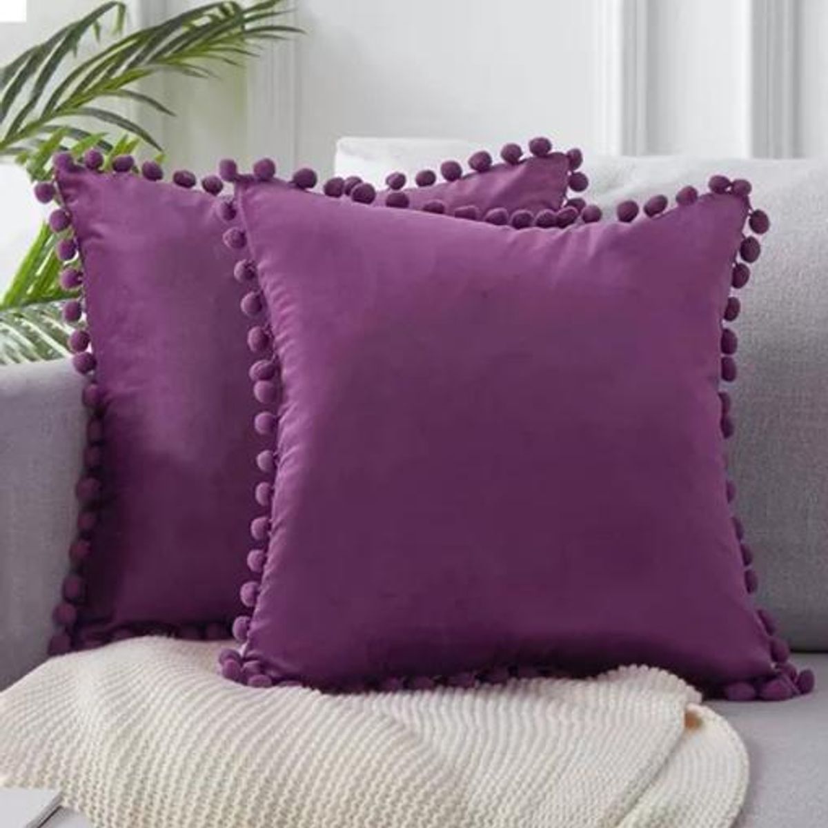 GENERICO - Pack de 2 Fundas de Cojines Terciopelo con Pompones 45x45 cm Morado