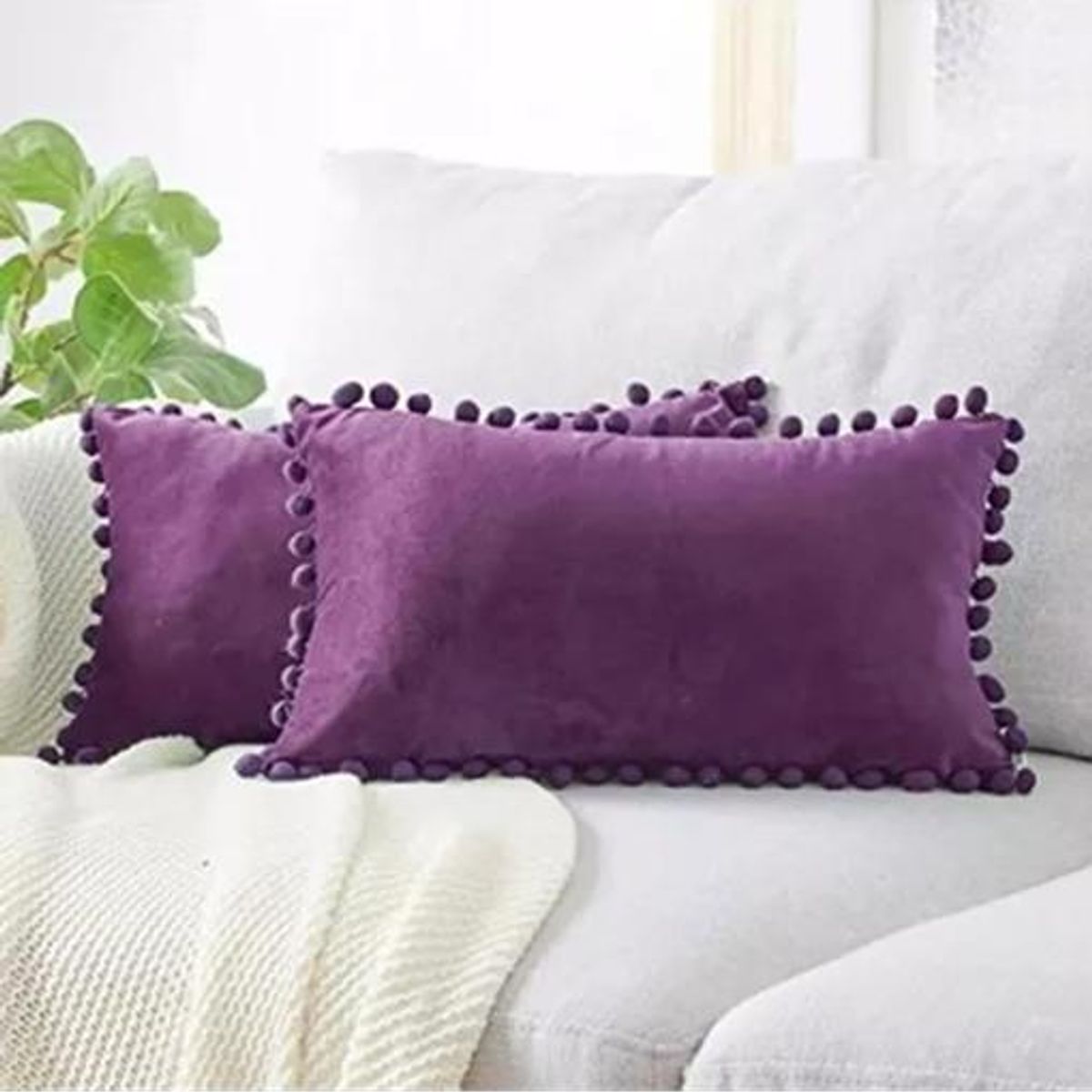 GENERICO - Pack de 2 Fundas de Cojín Terciopelo con Pompones 30x50 cm Morado