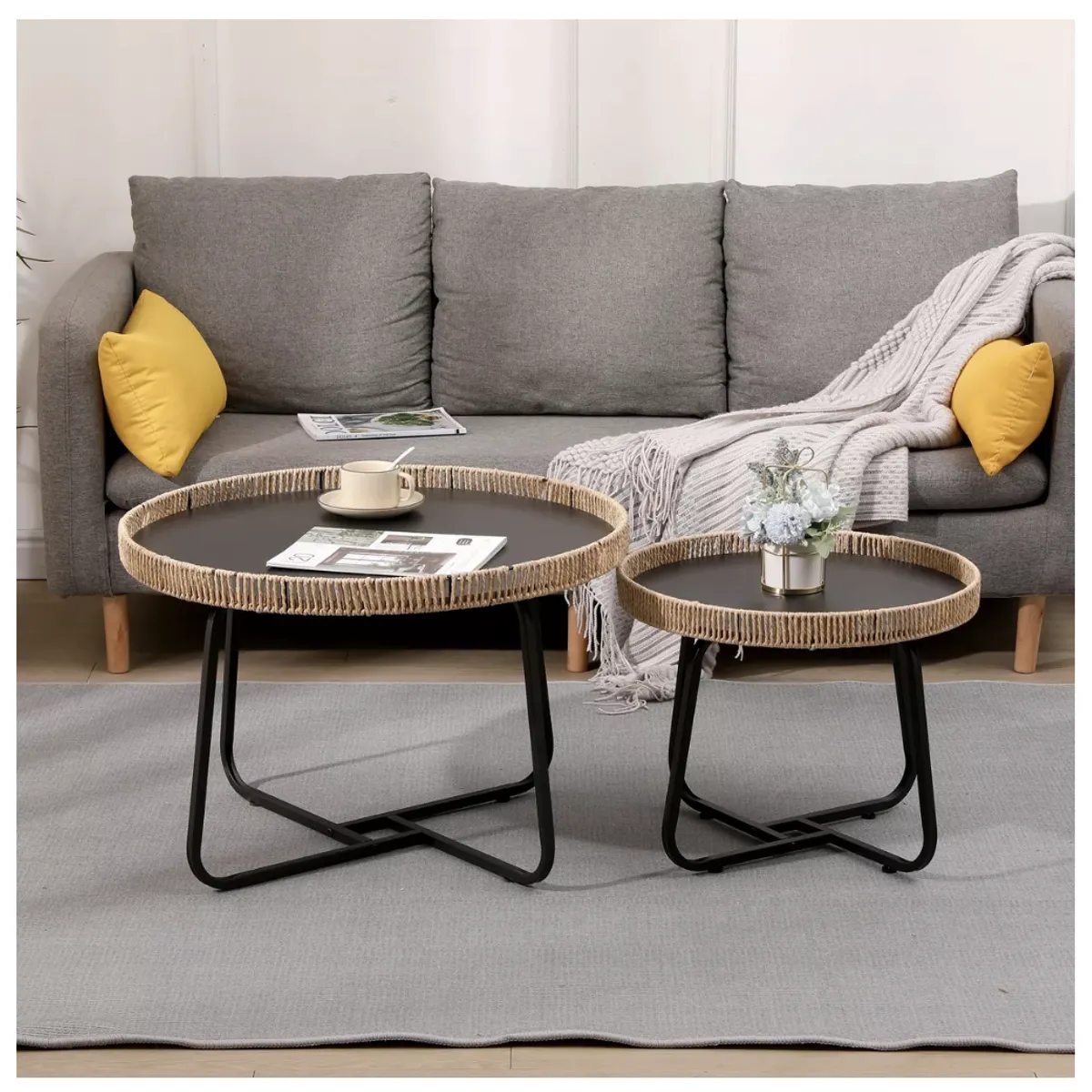 HOMER DESIGN - Juego Mesa De Centro Lateral Living Redonda Doble tejido…