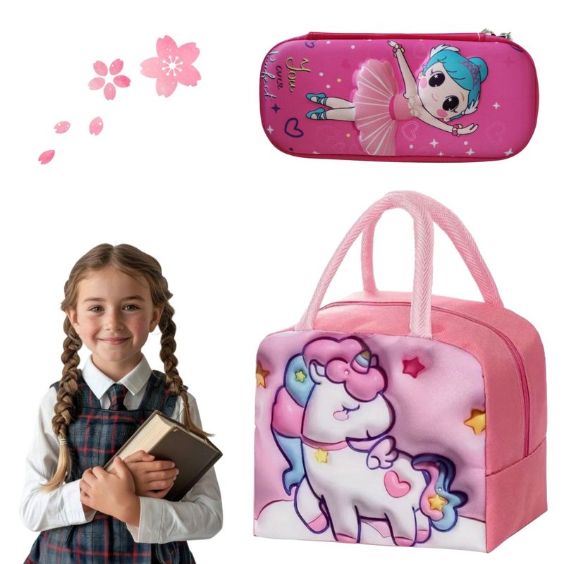 GENERICO - Pack estuche escolar kawaii + lonchera térmica unicornio