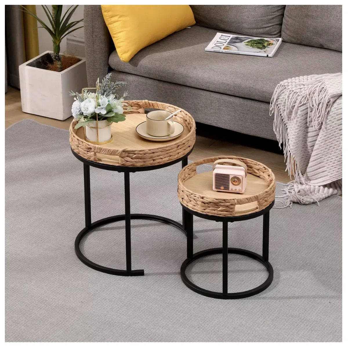 HOMER DESIGN - Juego Mesa De Centro Lateral Living Redonda Doble tejido