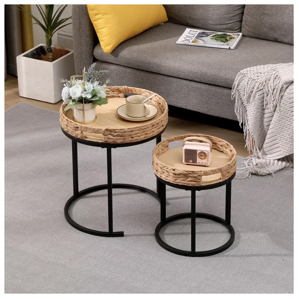 HOMER DESIGN - Juego Mesa De Centro Lateral Living Redonda Doble tejido