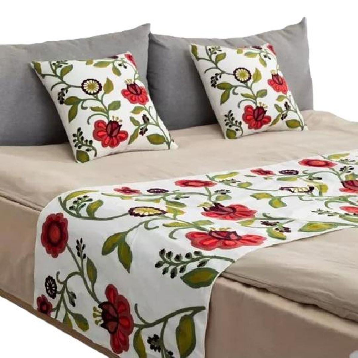 GENERICO - Piecera bordada + 2 fundas de cojín diseño floral 1 color blanco