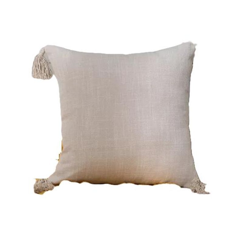 GENERICO - Pack de 2 Fundas para Cojín de Lino con Pompones 45x45 cm Crema