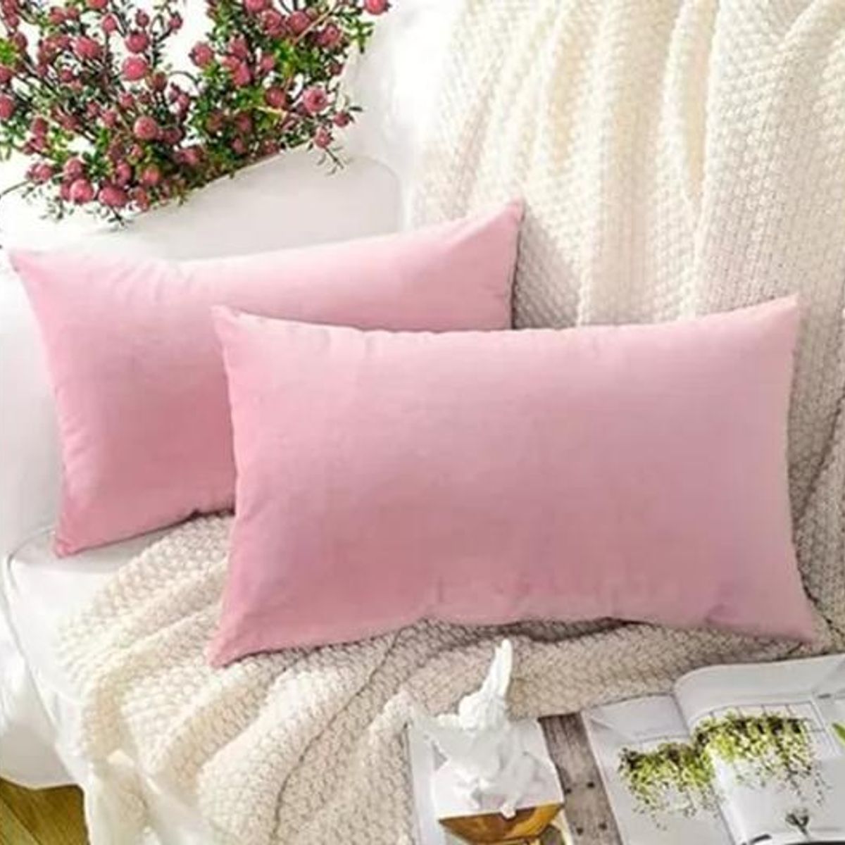 GENERICO - Pack de 2 Fundas Terciopelo Liso 30x50 cm Rosa