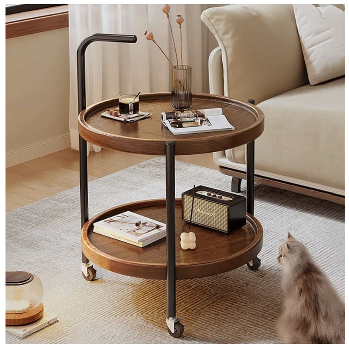 HOMER DESIGN - Mesa De Centro Lateral Living Redonda Doble Con Rueda Freno