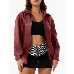 TIOZONEY - Chaqueta de piel con solapa- Rojo