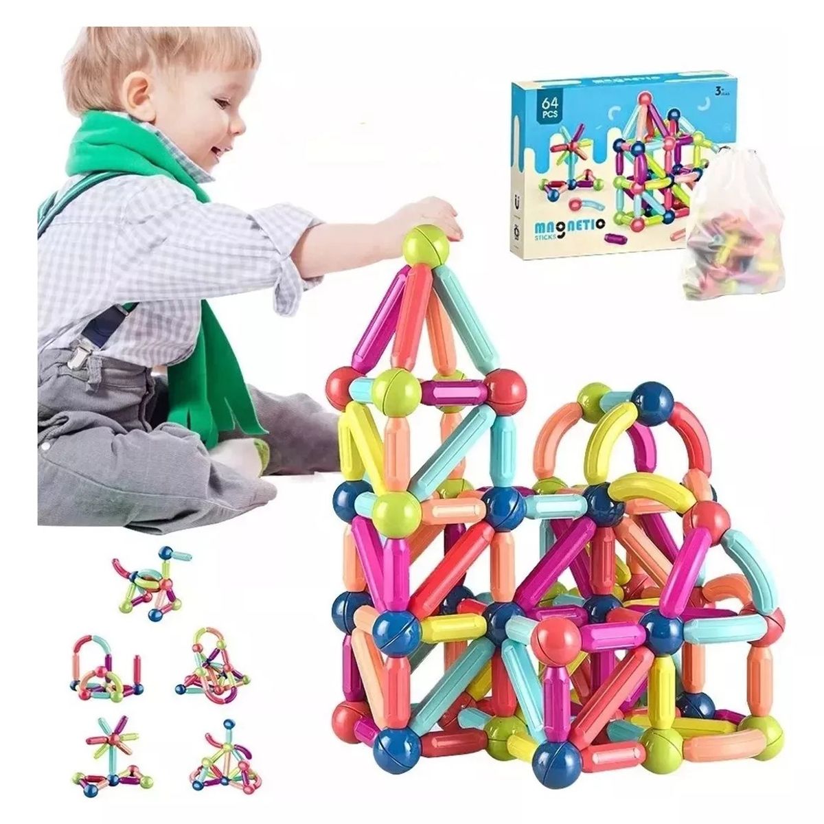 MUNDO MAGIA - Juguete Didáctico Bloques De Varillas Magnéticos 64 Piezas