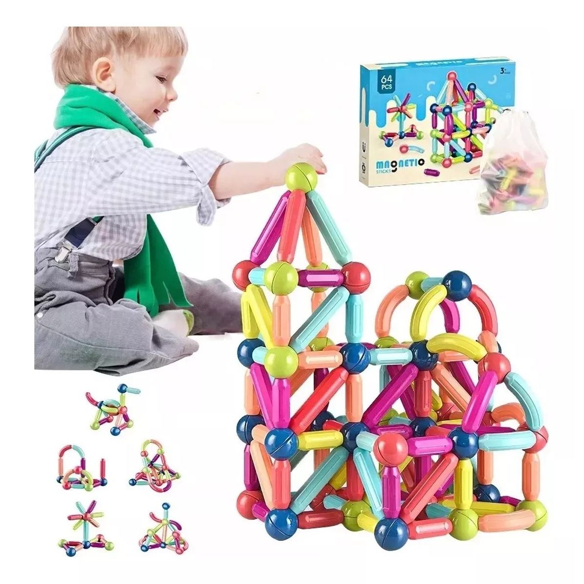 MUNDO MAGIA - Juguete Didáctico Bloques De Varillas Magnéticos 64 Piezas