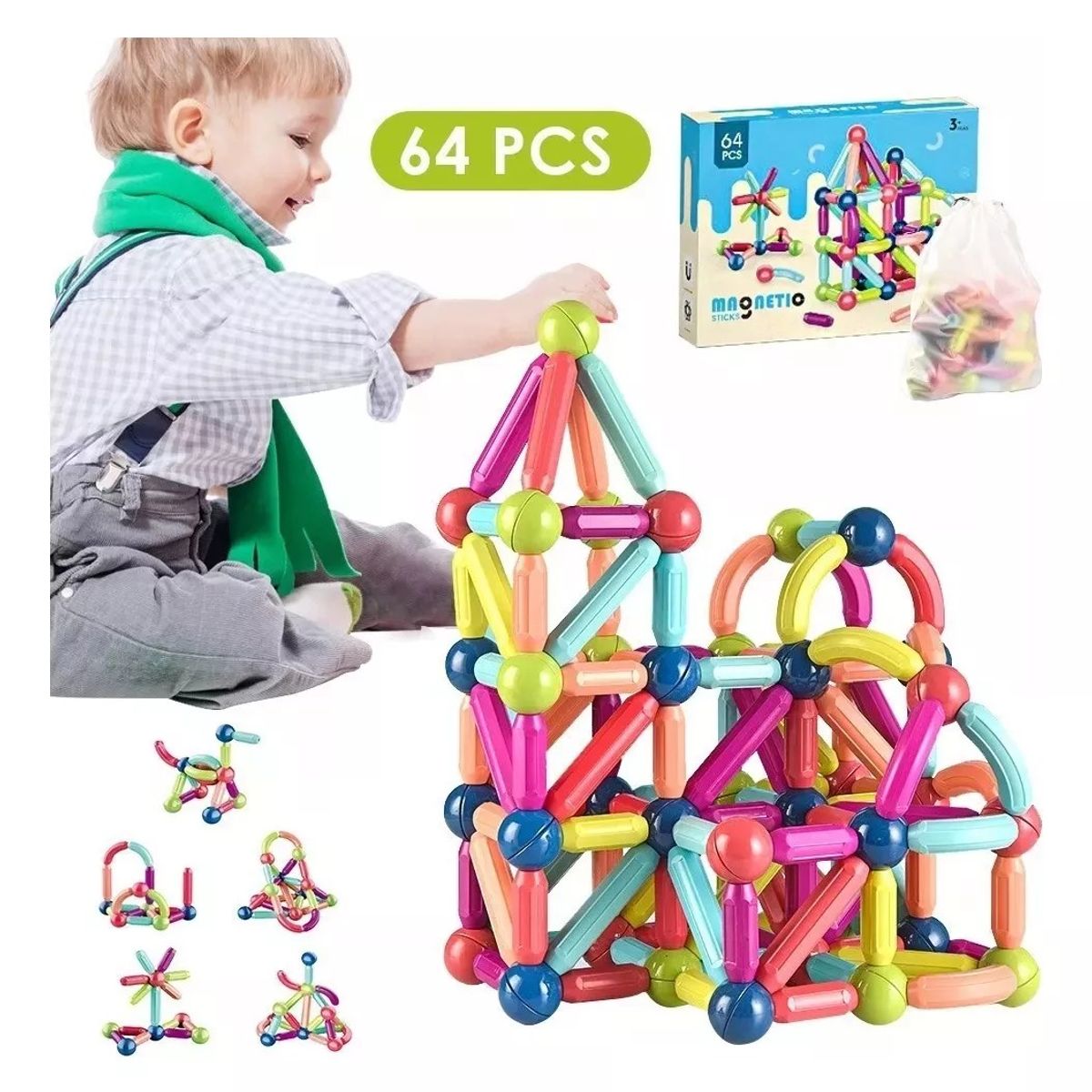 MUNDO MAGIA - Juguete Didáctico Bloques De Varillas Magnéticos 64 Piezas
