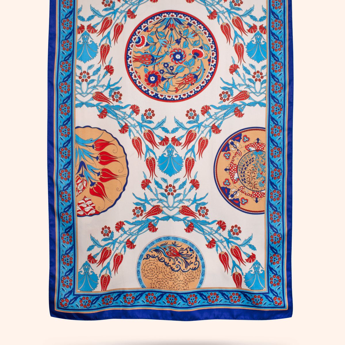 IPEK - Chal de Seda Turca  Tulipanes rojos sobre blanco dorado y azul