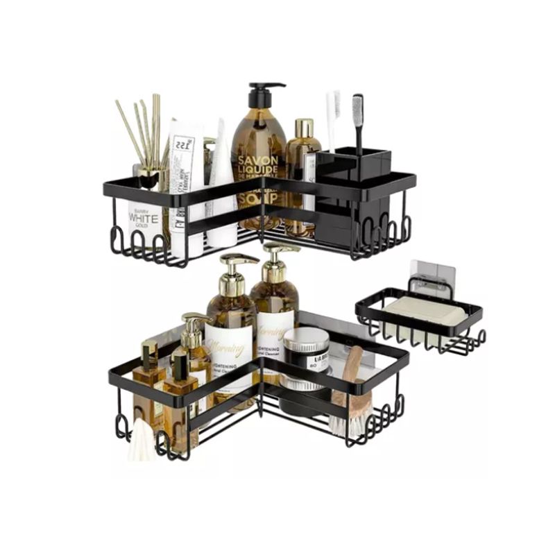 GENERICO - Set 3 Pzs Esquinero Organizador Ducha Baño Jabonera Adhesiva Negro