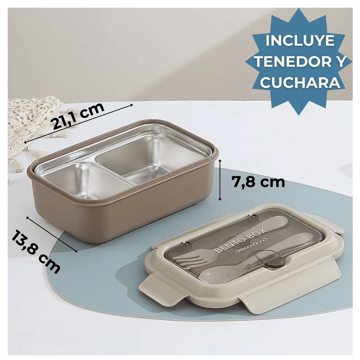 LINE - Fiambrera Contenedor Térmico 828Ml Táper Hermético Cubiertos Beige