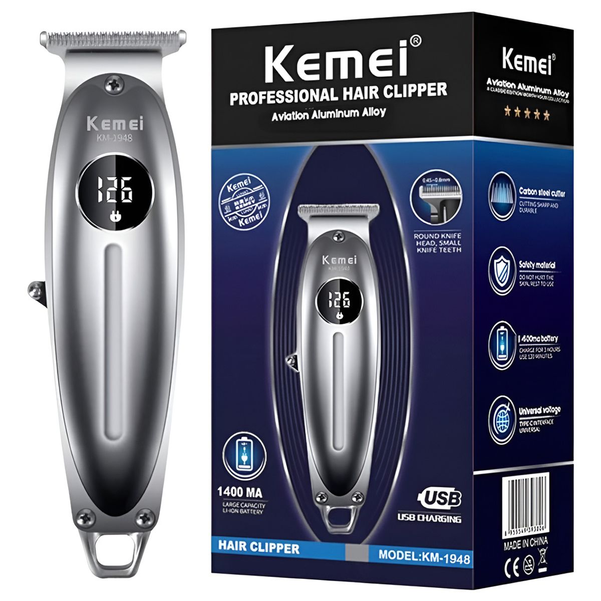 KEMEI - Maquina Corta Pelo Patillera Trimmer Kemei 1948 Inalambrica Pantalla Lcd