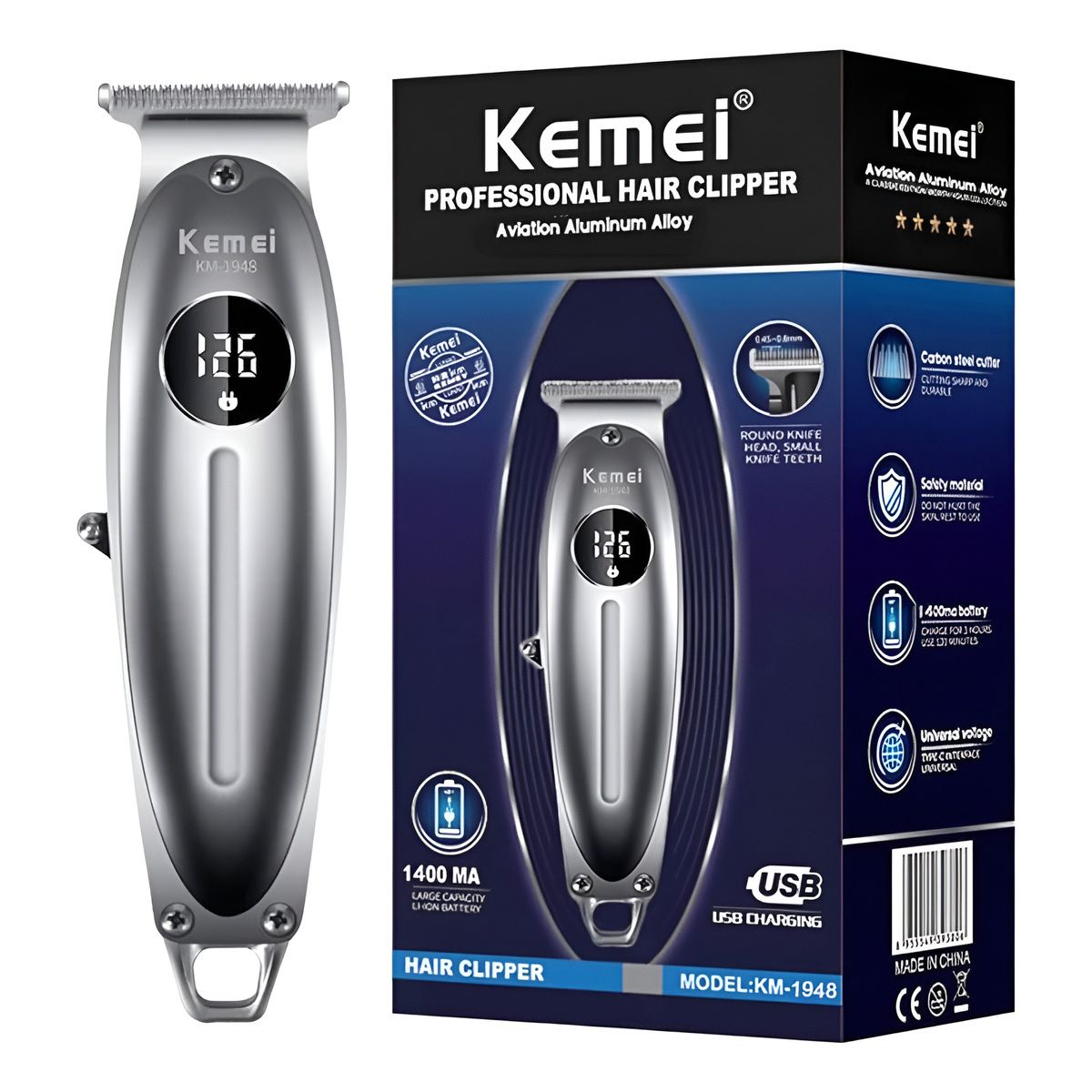 KEMEI - Maquina Corta Pelo Patillera Trimmer Kemei 1948 Inalambrica Pantalla Lcd