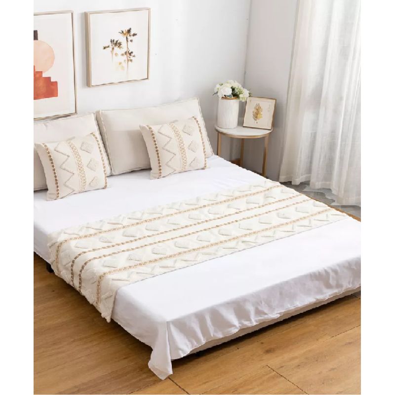 GENERICO - Piecera cama diseño 2p y king + fundas decoración boho clásico crema