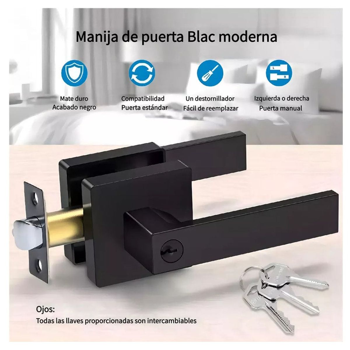 TNAKIEX - Cerradura Manija Negra Cuadrada Puerta Recamara O Principal