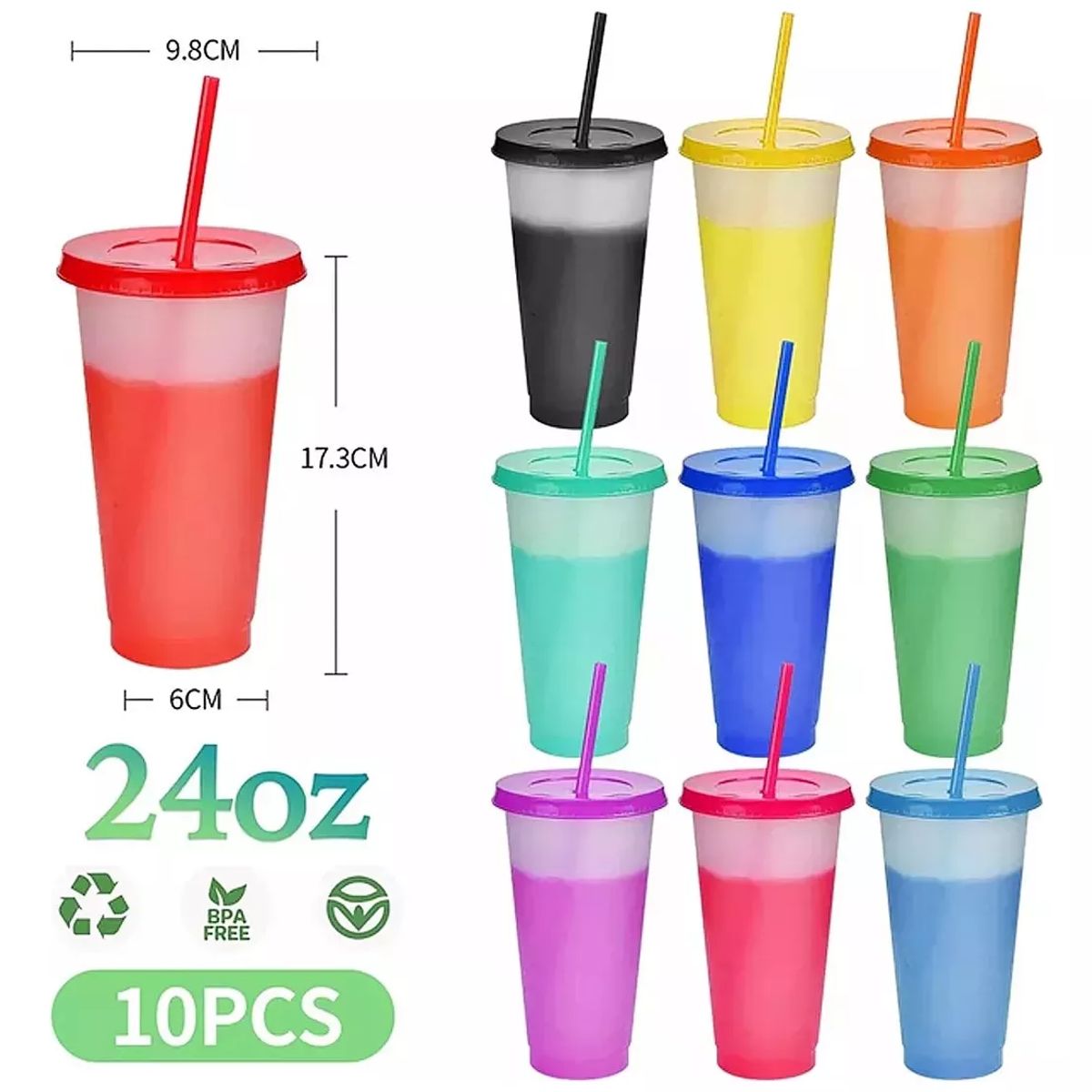 BITART - Vasos Magicos Cambian De Color Con Tapa Y Popote 710ml 10pzs