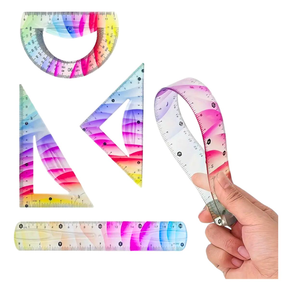 GENERICO - Set de 4 Reglas Geometría Flexible 20cm Escolar