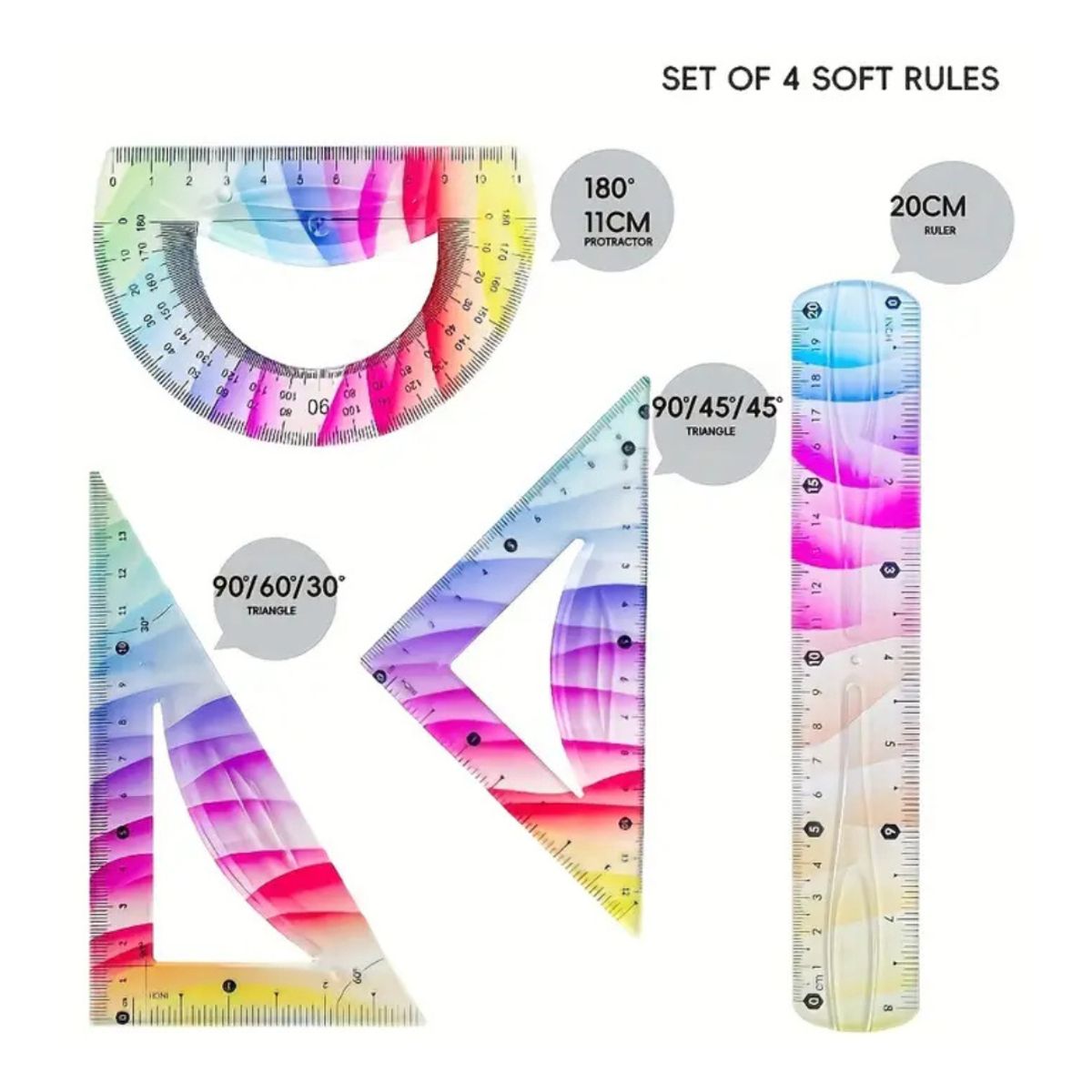 GENERICO - Set de 4 Reglas Geometría Flexible 20cm Escolar