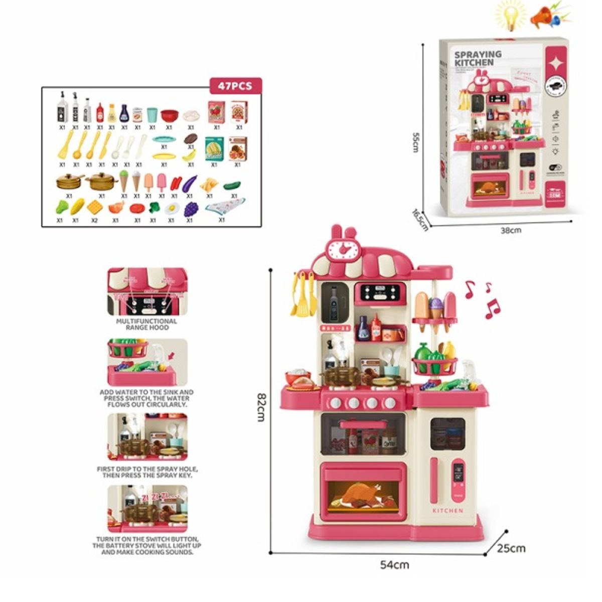 GENERICO - Cocina De Juguete 82 cm con 47 accesorios, ROSA