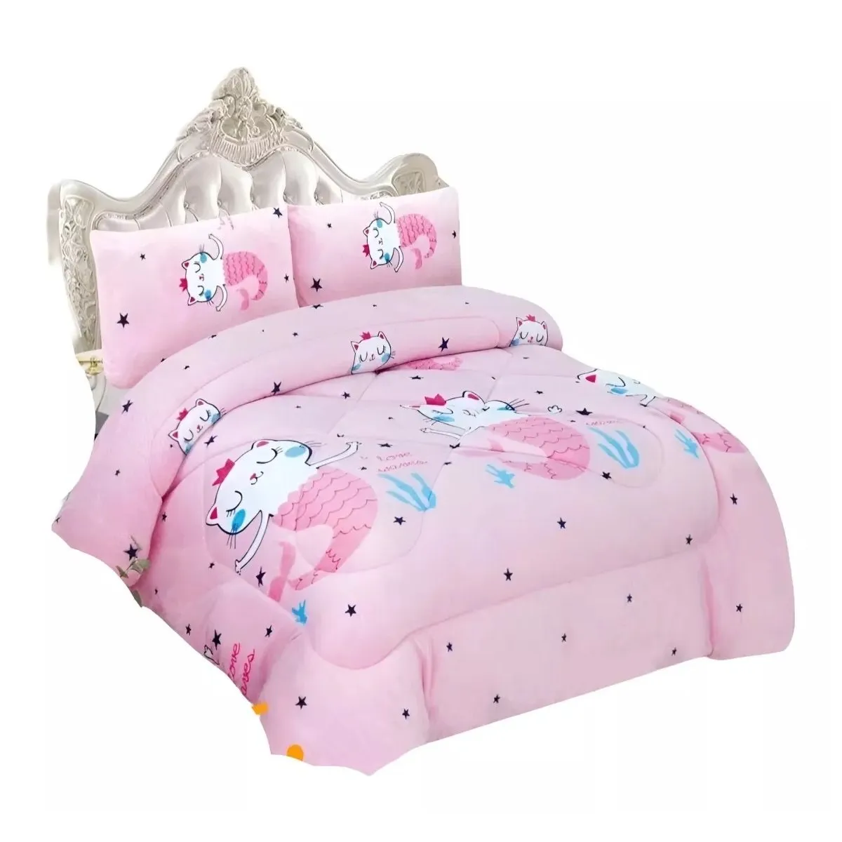 GENERICO - Cobertor Plush Con Chiporro 1.5 Plaza Infantil Gato Sirena + Funda