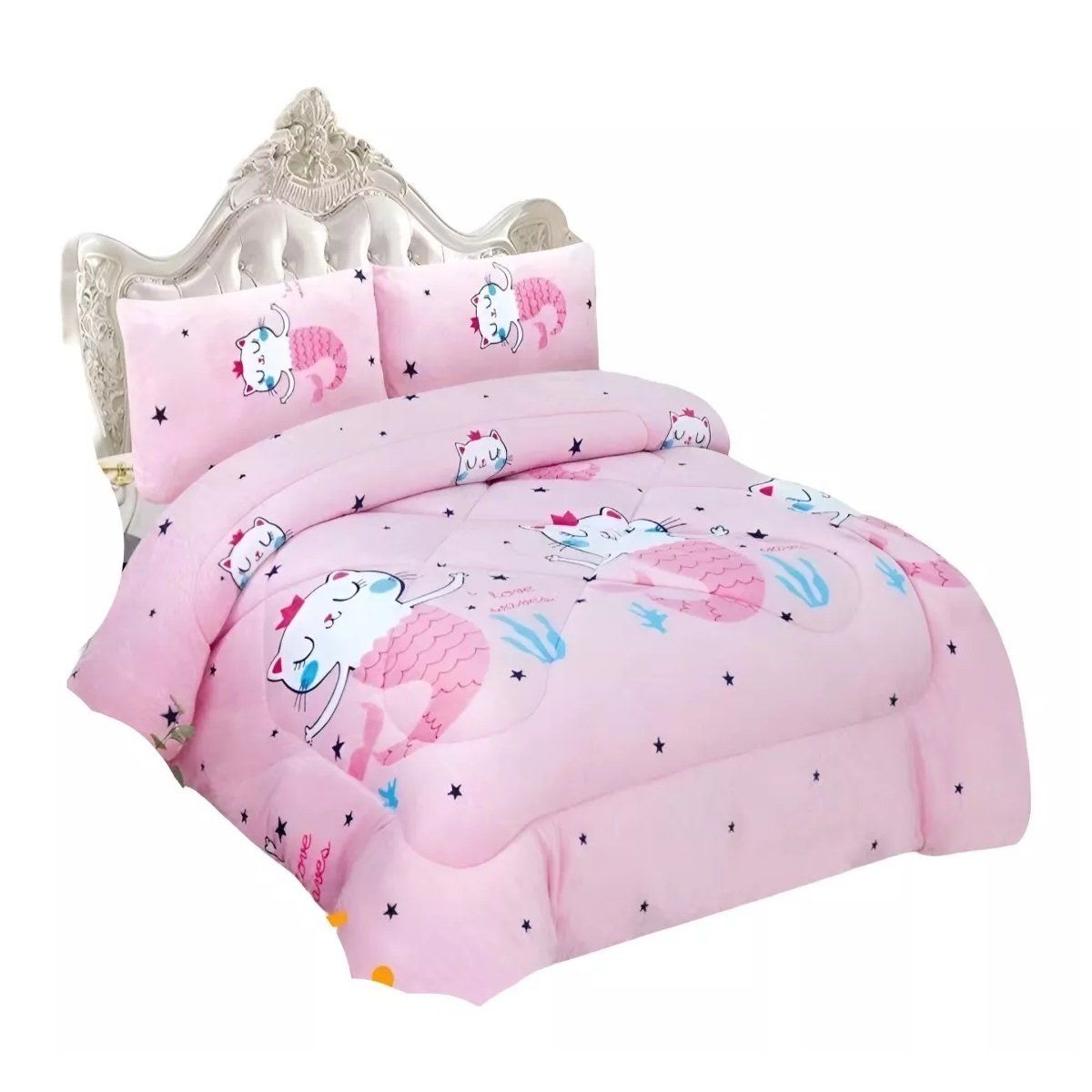 GENERICO - Cobertor Plush Con Chiporro 1.5 Plaza Infantil Gato Sirena + Funda