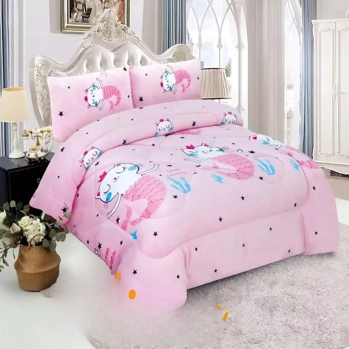 GENERICO - Cobertor Plush Con Chiporro 1.5 Plaza Infantil Gato Sirena + Funda