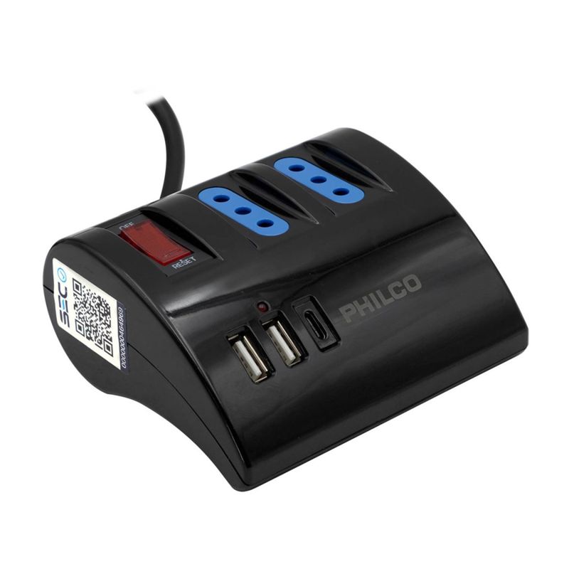 PHILCO - Alargador Extensión Philco 3 POS 2 USB 1 Tipo C Negro