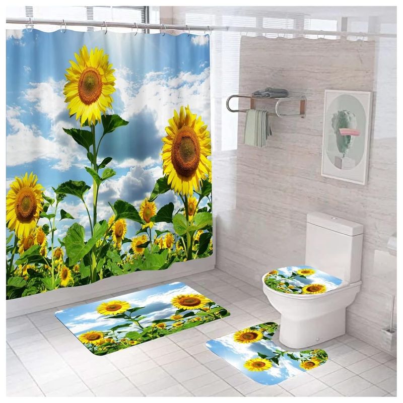 GENERICO - Set Juego De Baño Con Cortina Cubre Inodoro 4 Piezas
