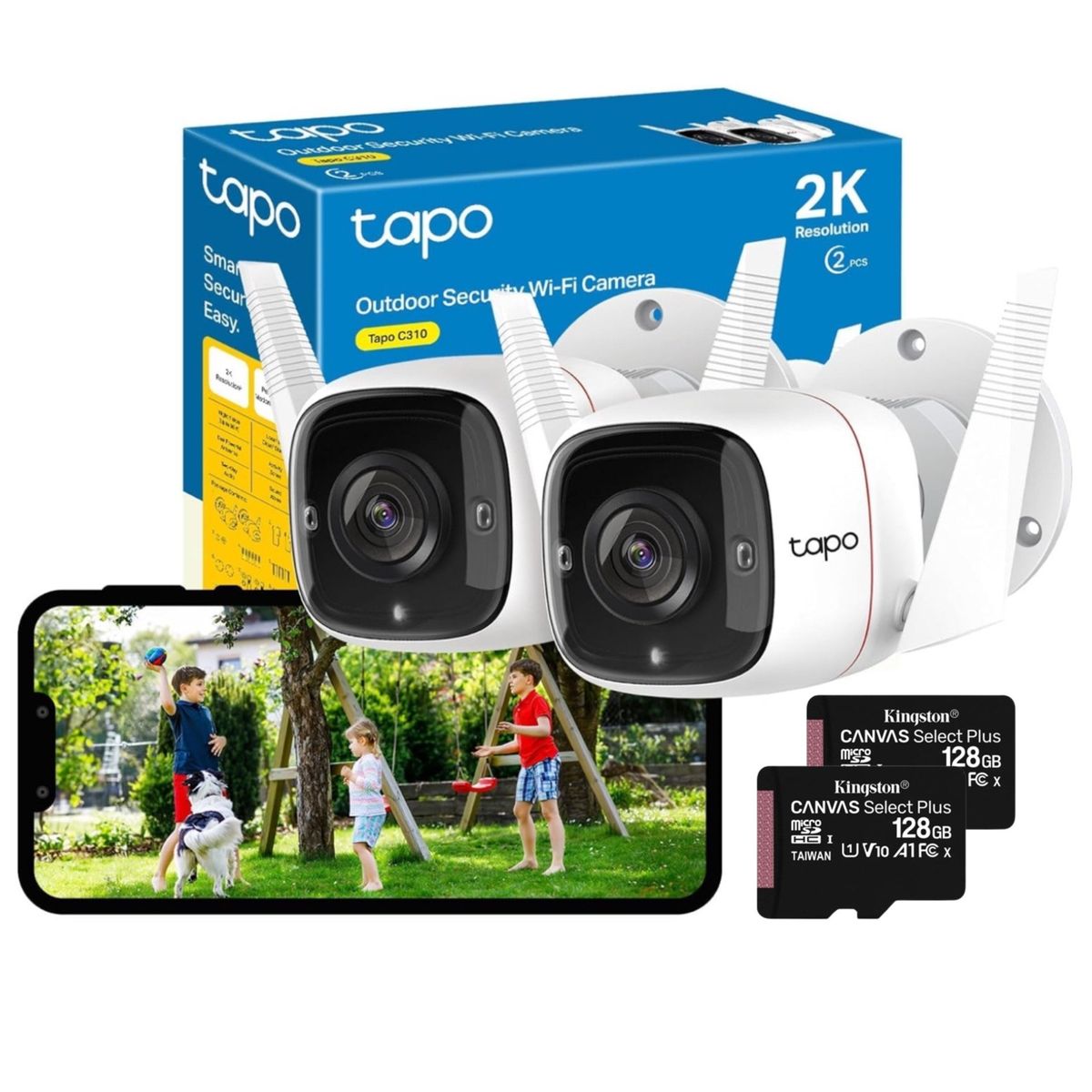 TP LINK - Set 2 Cámaras Outdoor Tapo C310 Wi-Fi 2k Visión Nocturna + 128 GB