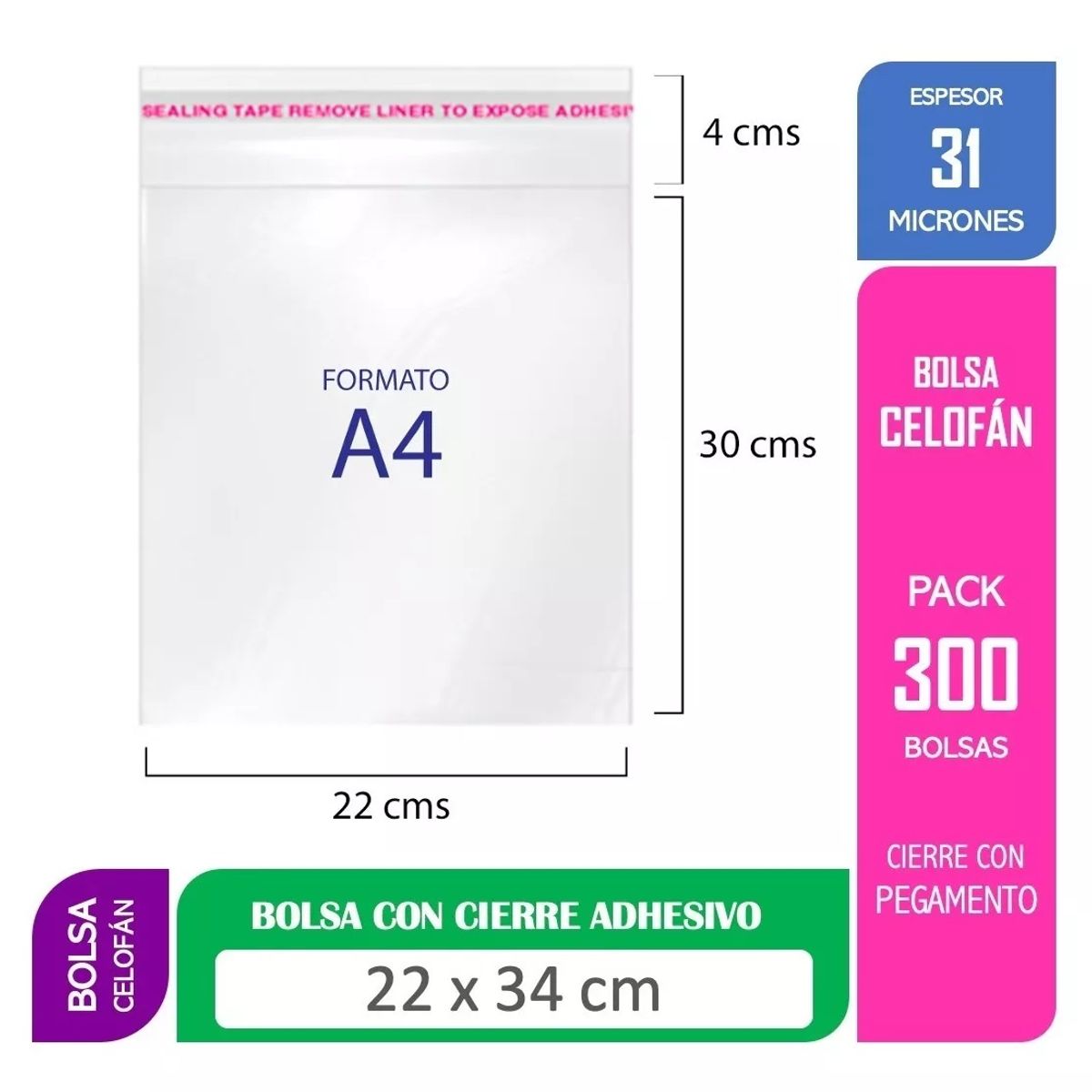 KUANGYE - Bolsa Celofán Cierre Adhesivo 22x34 Cms 300 Uni Formato A4