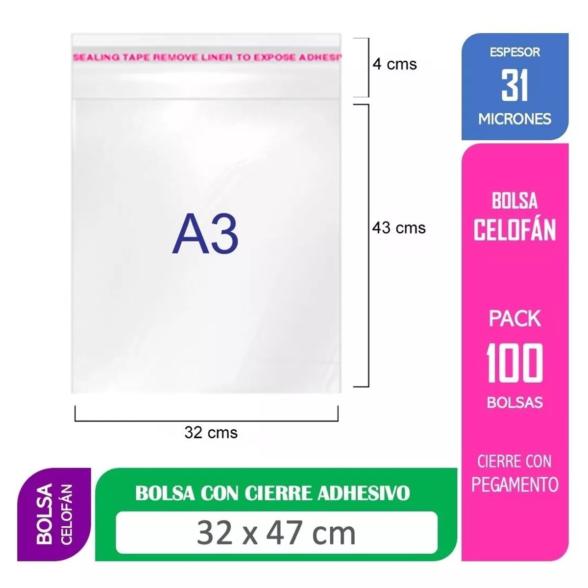 KUANGYE - Bolsa Tipo Celofán Cierre Con Adhesivo 32x47 Cms 100 Unds