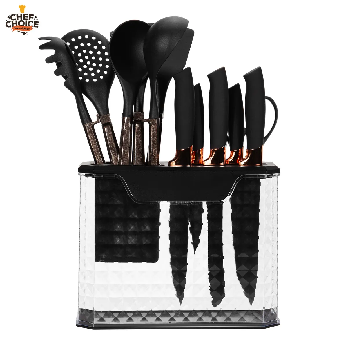 CHEFCHOICE - Set 13 Utensilios Cuchillos Cocina Acero Inoxidable Silicona Negro
