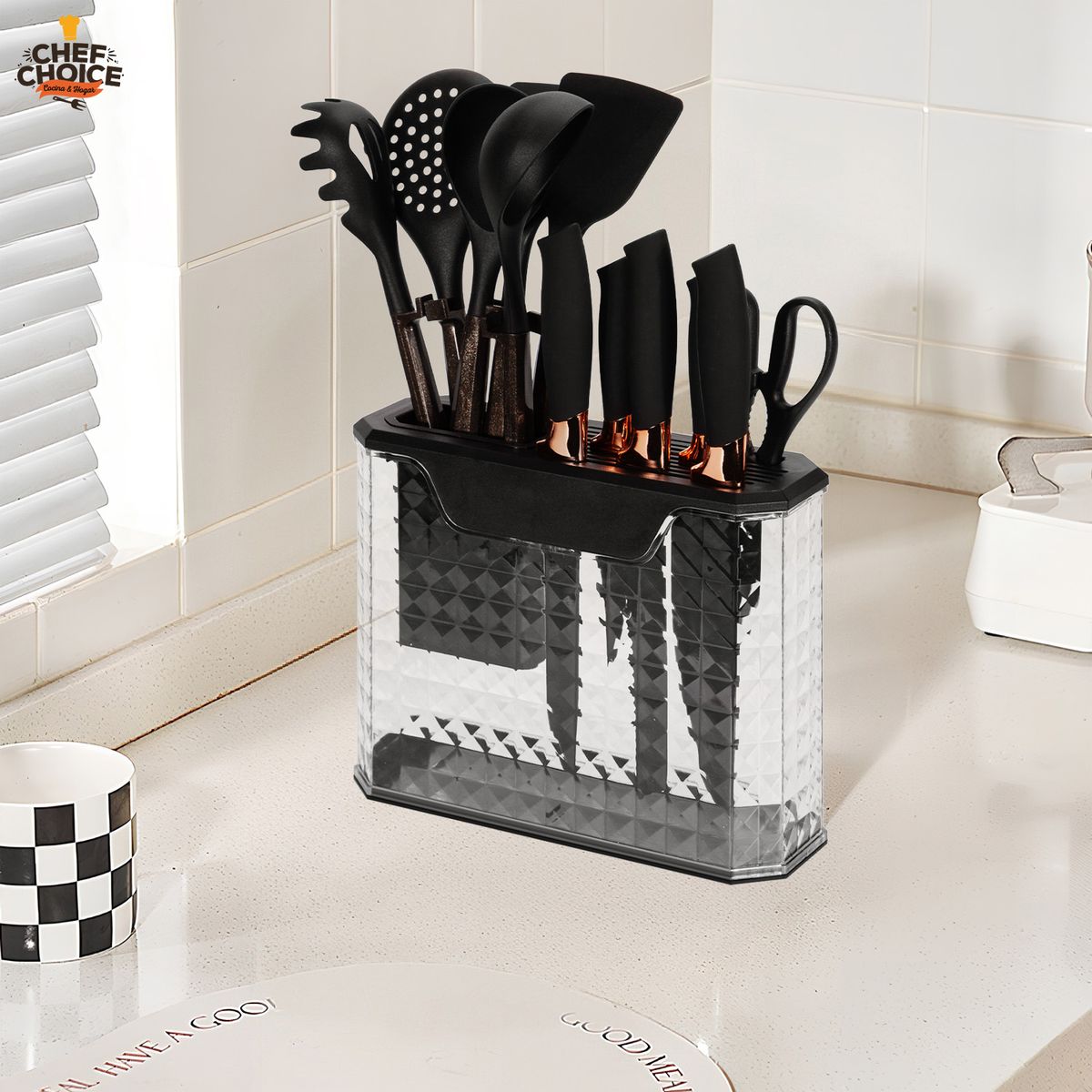 CHEFCHOICE - Set 13 Utensilios Cuchillos Cocina Acero Inoxidable Silicona Negro